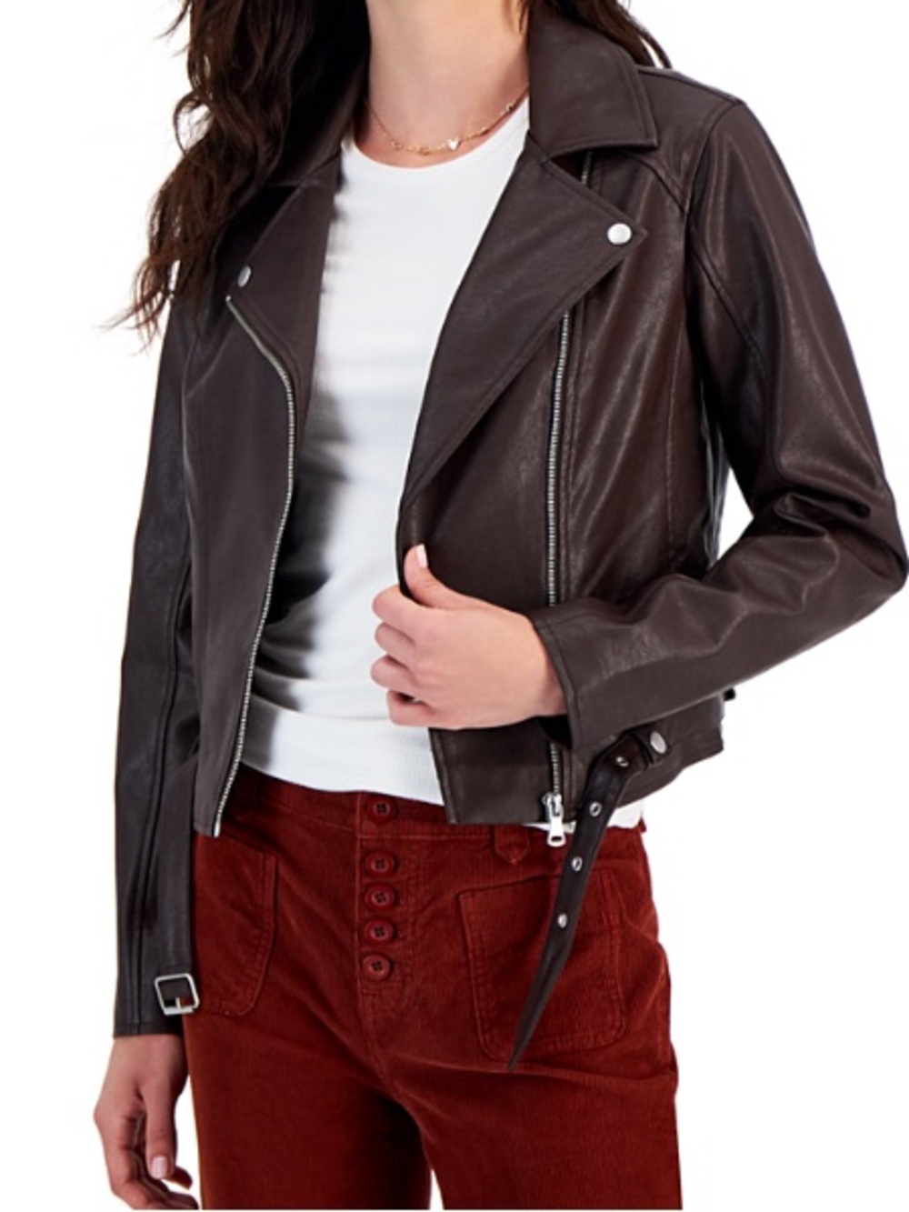 Juniors' Brown Moto Faux Leather Jacket